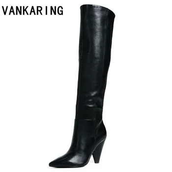 

VANKARING brand shoes cow leather+pu knee high boots for women sexy pointed toe riding boots high heels winter snow boots women