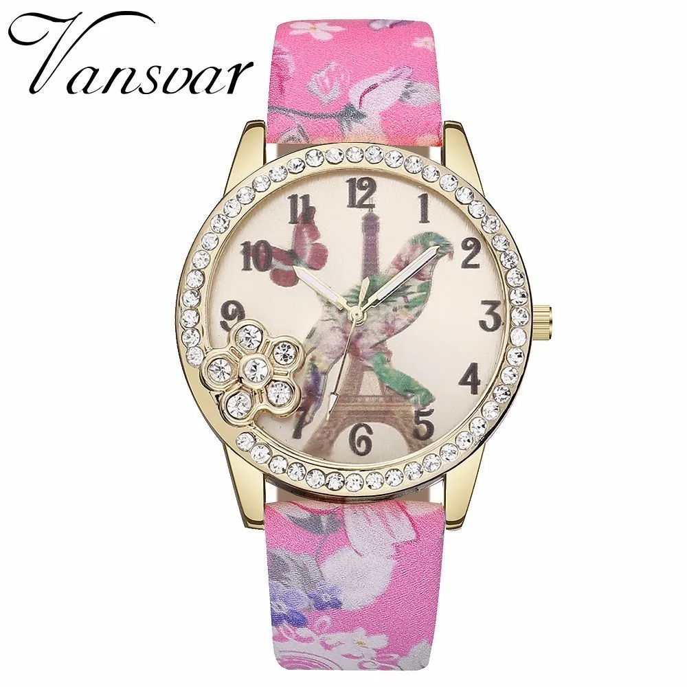 

Vansvar Fashion Women Birds & Tower Pattern Watch Casual Luxury Flower Printed Leather Quartz Wristwatches Relogio Feminino