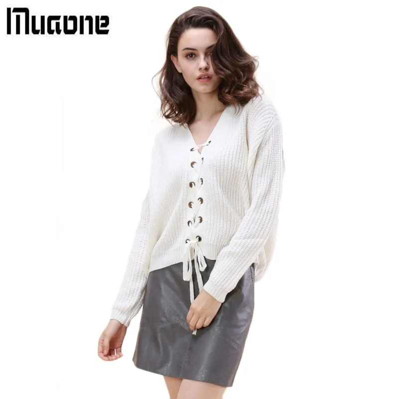 MUAONE Solid White Sweet Women Sweater V neck Long Sleeve