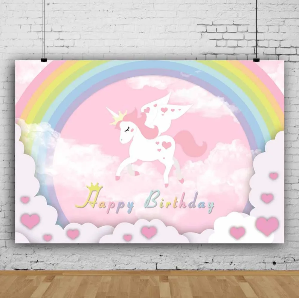 Laeacco Rainbow Backgrounds Sweet Unicorn Party Baby Birthday Pink Love Heart Poster Photography Backdrops For Photo Studio