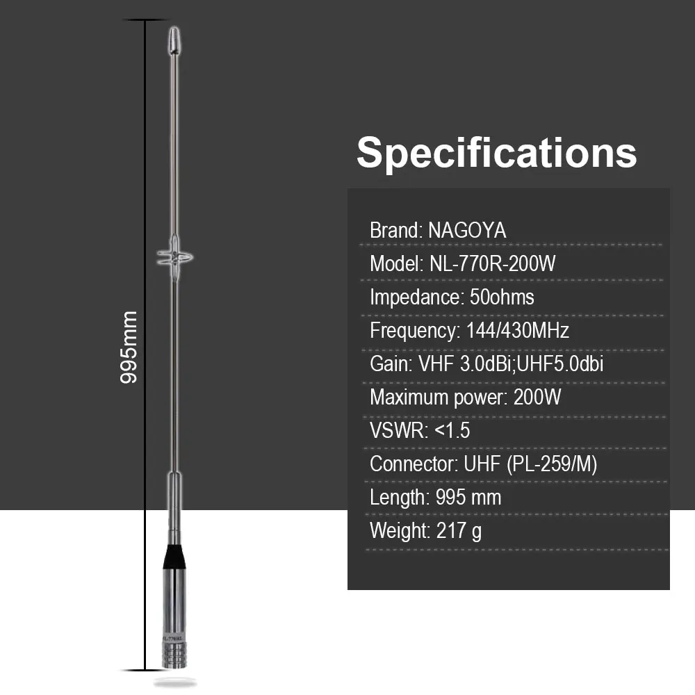 200 Вт антенна NAGOYA NL-770RL-200W для QYT мобильное радио KT-780PLUS VHF/UHF 144/430Mhz 100W портативная рация