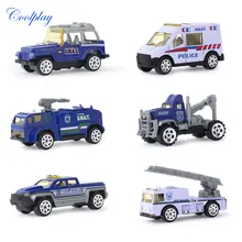 6PCS 1:64 Scale Mini Sliding Alloy Car Truck Model Children Toys Vehicles Fire Engine Police Concrete Car Model Toy for Kids }