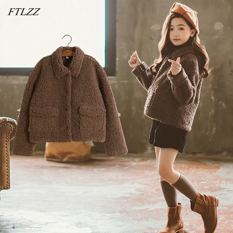 

FTLZZ 2019 Spring Winter Teenage Girl Fur Coat Big Girl Warm Turn-down Collar Short Kids Cotton Coat Children Clothes