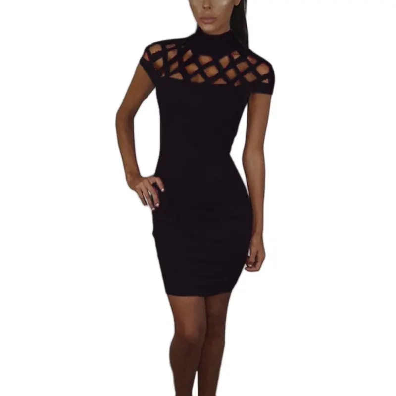 

2018 New Fashion Womens Sexy Hollow Out High Neck Dress Ladies Bodycon Slim Short Sleeve Evening Party Pencil Mini Dress 2018