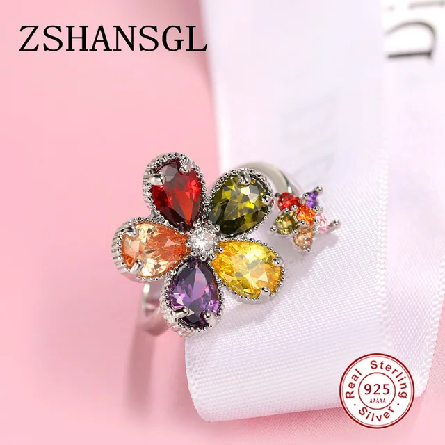 New Arrival Flower Shaped Cut Design Opening Rings 7 Colors Multicolor CZ 925 Sterling Silver Ring for Women Fashion Jewelry