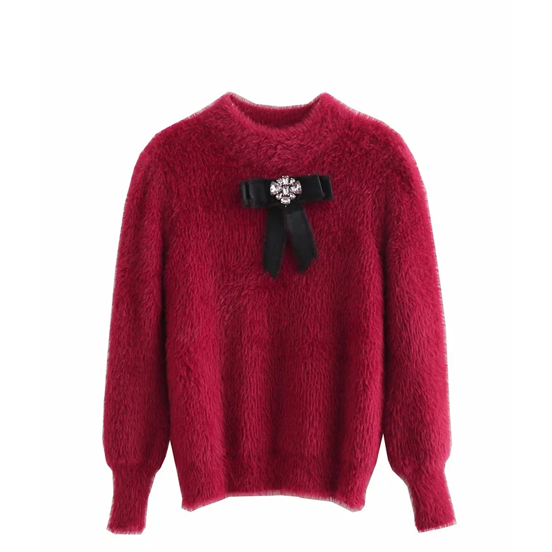 

2019 New Spring Warm Solid Sweater Red Gray Casual Diamonds Bows Pullover Female Fashion Plush Jumpers pull femme hiver