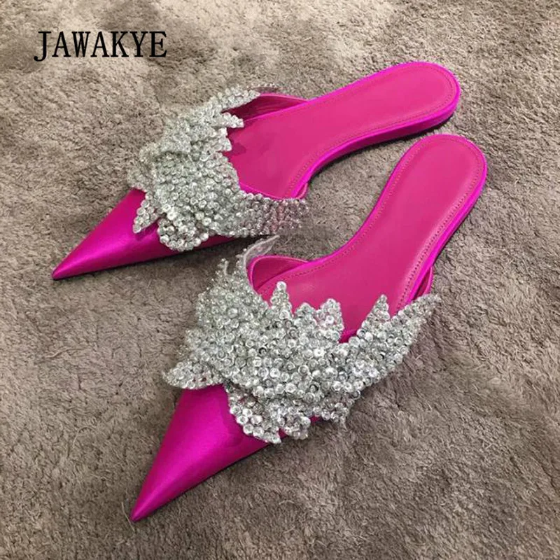

2018 Rhinestone Flower Luxury Satin Slipper Woman Pointed Toe Rosy Red Black Silk Slipper Gladiator Sandals Femme