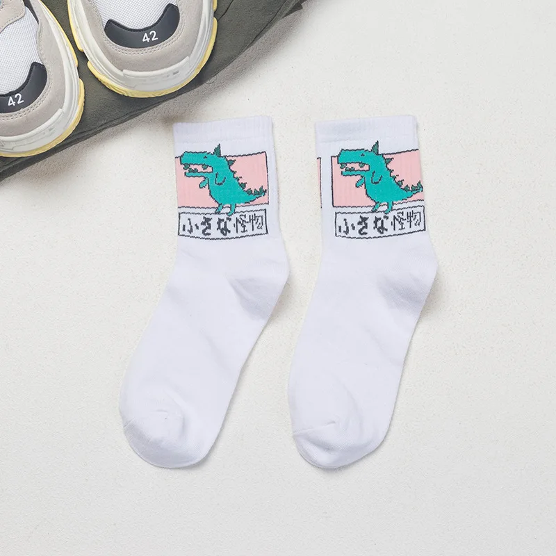 Для женщин Мода Harajuku теплые носки для девочек, милый и в то же время с красивым принтом динозавра носки Для женщин забавные скейтборд на резинке, отделка из овчины, носки - Цвет: white
