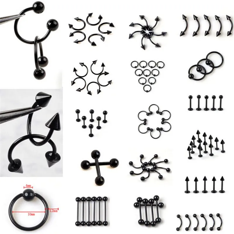 

100Pcs/Lot Stainless Steel Black Curved Eyebrow Nose Lip Nipple Ears Rings Punk Unisex Body Piercing Jewelry