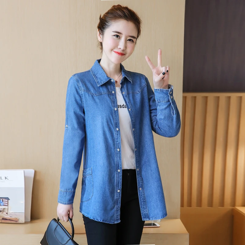 Женская джинсовая рубашка с длинным рукавом свободного покроя|long denim shirt womens|blouse