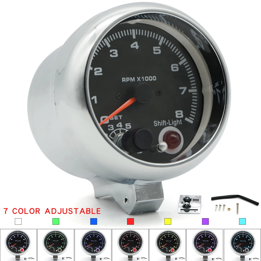 

3.75" 95mm Tachometer 7 Color Led Display Black Face Chrome Case 4 6 8 Cylinders