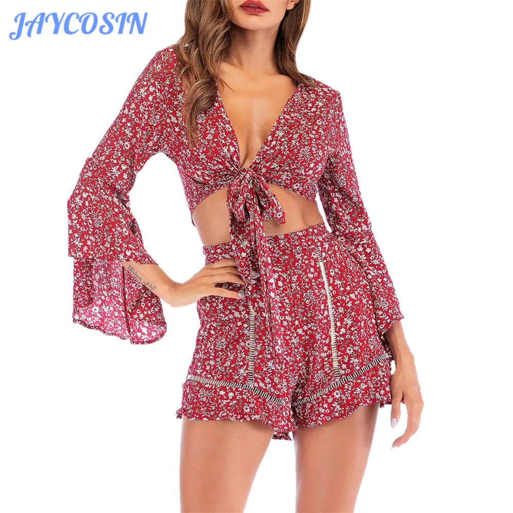 

JAYCOSIN Women Set Clothes Chiffon Sexy Floral Print Two Piece Set V-Neck Flare Sleeve Bandage Top And Shorts Summer Outfits
