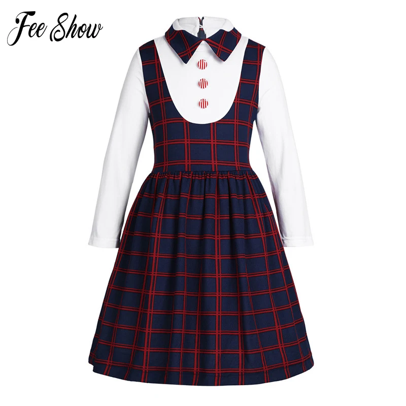 Kids School Uniform Long Sleeves Lapel Plaid A-line False Two-piece Dress for Birthday Party Elementary Casual Dresses | Детская одежда