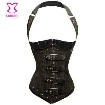

Pinstripe Halter Top Underbust Gothic Corset Black Punk Steel Boned Waist Trainer Vest Corsets with Buckles Burlesque Espartilho