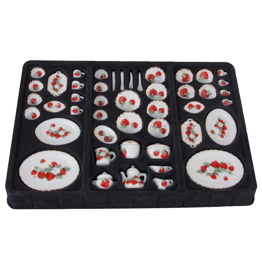 

46pcs Dollhouse Miniature Dining Ware Porcelain Tea Set Strawberry Classic Pretend Play Kitchen Toys Creative Gifts