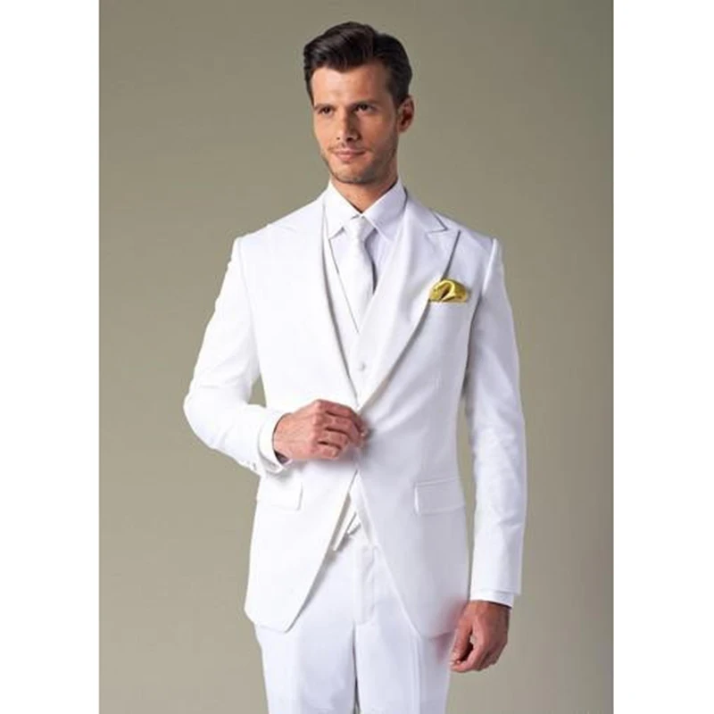 

white Wedding Suits slim fit custom made one button suit men peaked lapel Groomsmen Mens Wedding Suits ( jacket+Pants+vest+tie)
