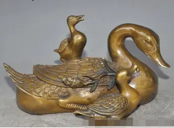 

S01173 9"folk China fengshui Bronze Lotus 3 Duck Quack-quack bird family lucky Statue