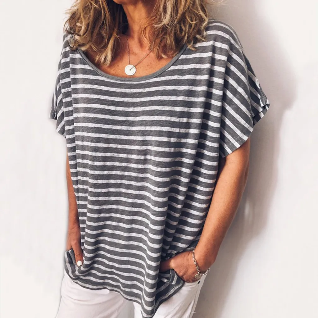 

Women's Clothing Women Plus Size Stripe Loose Print O-neck Solid Blouse Pullover Tops Shirt women's shirt chiffon blouse