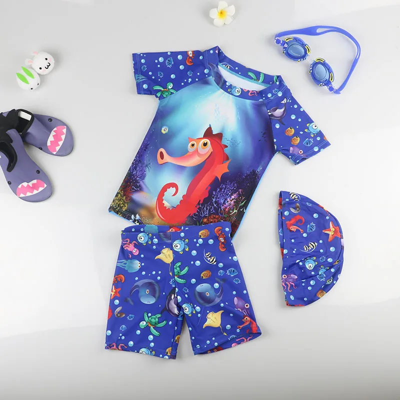 3 предмета, купальный костюм для мальчиков, новые брендовые Детские плавки с шапкой для плавания, милый детский раздельный купальник с рисунком гиппокампа - Цвет: M