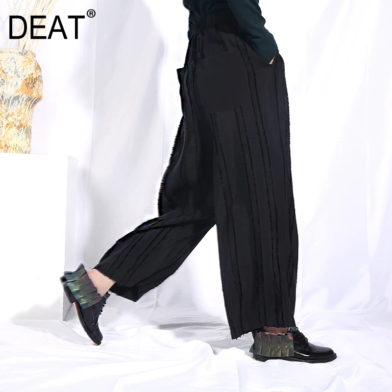 

DEAT 2019 New Spring Summer High Elastic Waist Black Hit Color Split Joint Tassels Loose Pants Women Trousers Fashion JO571