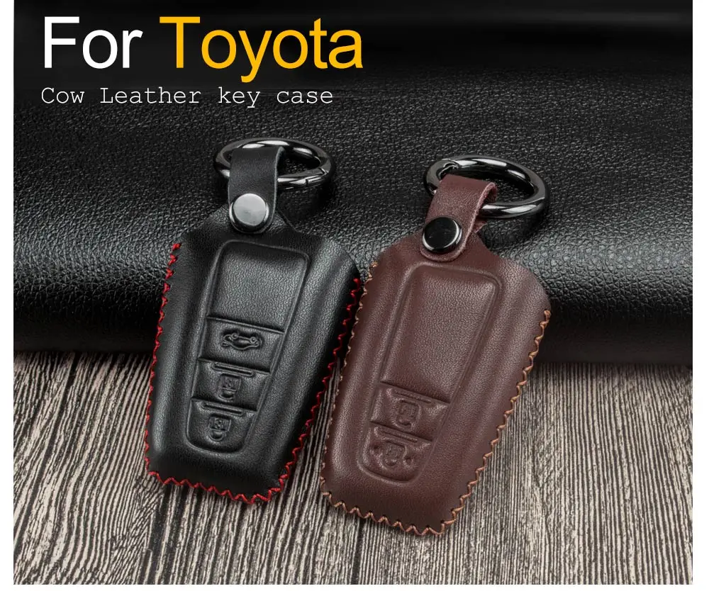 Wine Red DKMUS Leather Key case for Toyota Land Cruiser Prado LC Prado Camry V70 CHR Prius Corolla RAV4 Avalon FOB Cover Protector 4 Buttons