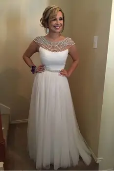 

Fancy White Tulle Evening Dress With Pearls Scoop Neck A Line Floor Length Long Ladies Prom Dress Cheap 2018 Formal Evening Gown