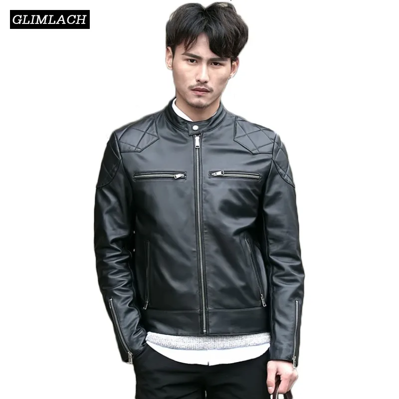 

2018 Short Black Motorcycle Genuine Leather Jacket Men Streetwear Fashion Real Cow Leather Moto Biker Jackets Male Trench Coat