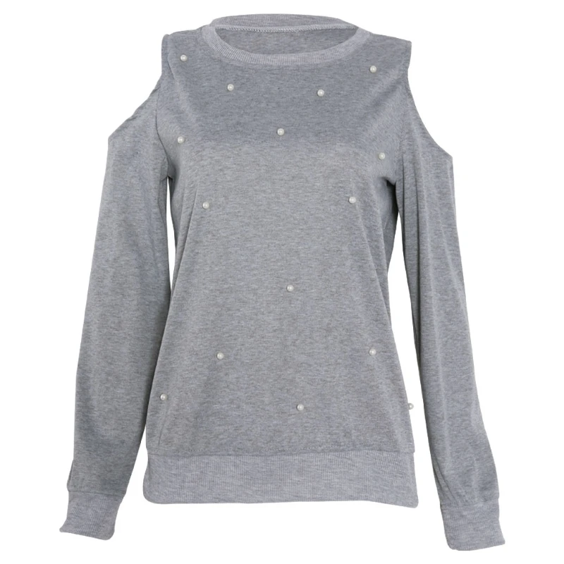 

Women Long Sleeve Cold Shoulder Beads Decor Round Neck Casual Blouse Tops Shirt