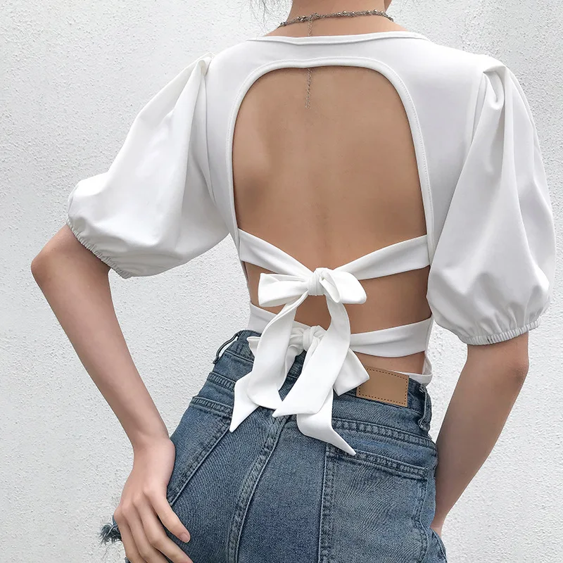 

Elegant Backless Lace Up Bow Women Bodysuit Elastic Puff Sleeve White Female Knitted Jumpsuit Women Summer Party Bodysuit