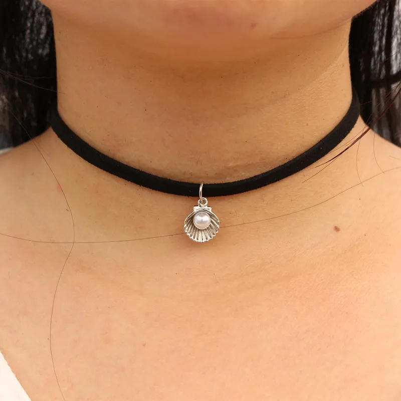 N964-Tattoo-Chokers-Necklaces-For-Women-Simulated-Pearls-Shell-Black-Velvet-Suede-Colar-Fashion-Jewelry-Gothic