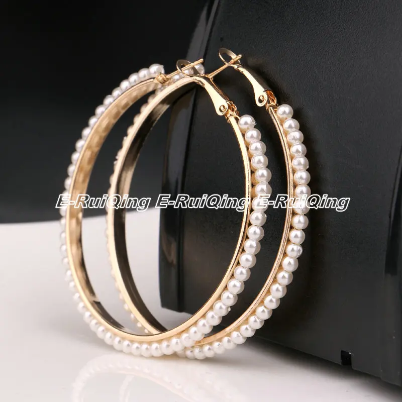 

New Design Gold Silver Tone Women Full of Pearls Ear Hook Hoop Earrings Circle Earrings Fashion Women Pearl Jewelry Best Gifts