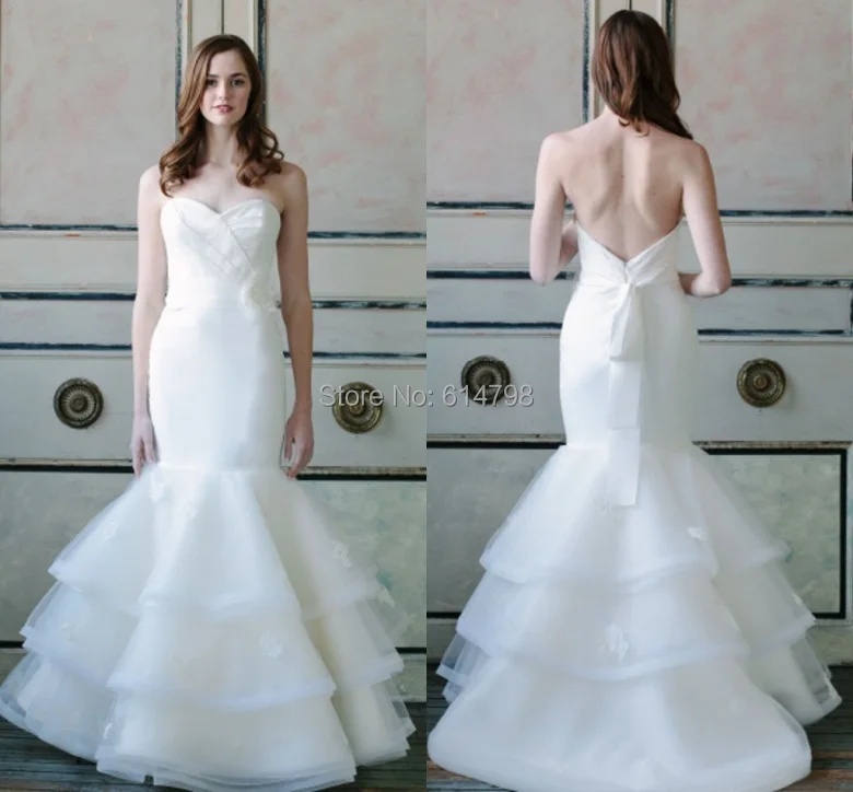 Gorgeous 2014 Custom Made Sexy Mermaid Bridal Gowns Sweetheart Backless Hand Flowers Ruffles Tiers Organza Wedding Dresses | Свадьбы и