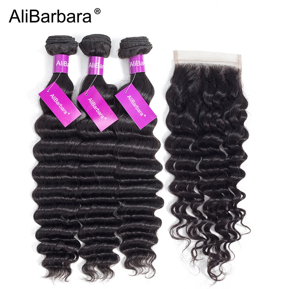 

AliBarbara Hair Brazilian Loose Deep Hair Bundles with Closure Free part 4X4 Swiss Lace 1B Remy Human Hair Weave Extension