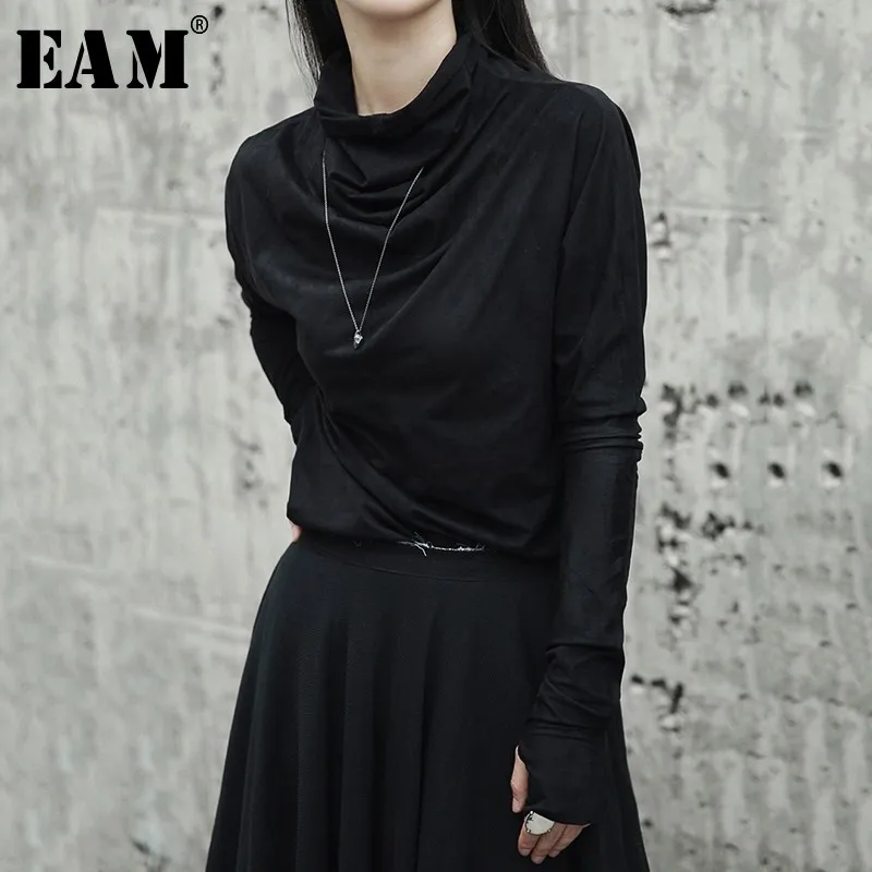 

[EAM] 2019New Spring Summer Black Irregular Turtleneck Long Gloves Sleeves Slim Bottoming Shirt Women Fashion Tide Wild LA918