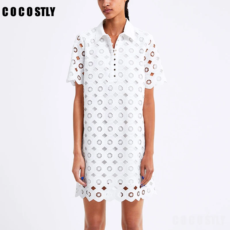 

Women Summer Dress Fashion Short Sleeve Hollow Out Loose White Lace Dress 2019 White turn-down Women DressVestidos