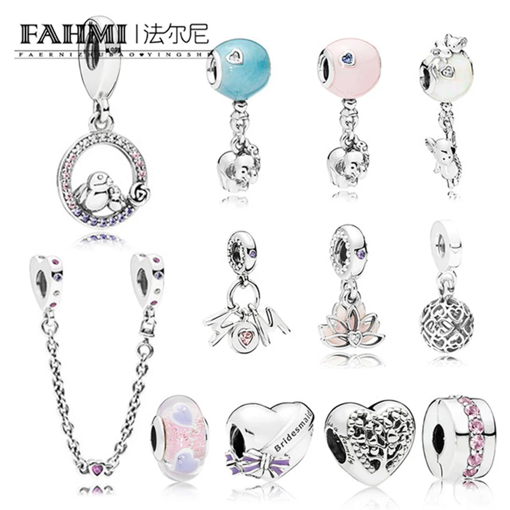 

FAHMI 100% 925 Silver Authentic Charm Mother's Day Hot Air Balloon Elephant Beaded Lotus Bird Pendant Safety Clip Safety Chain