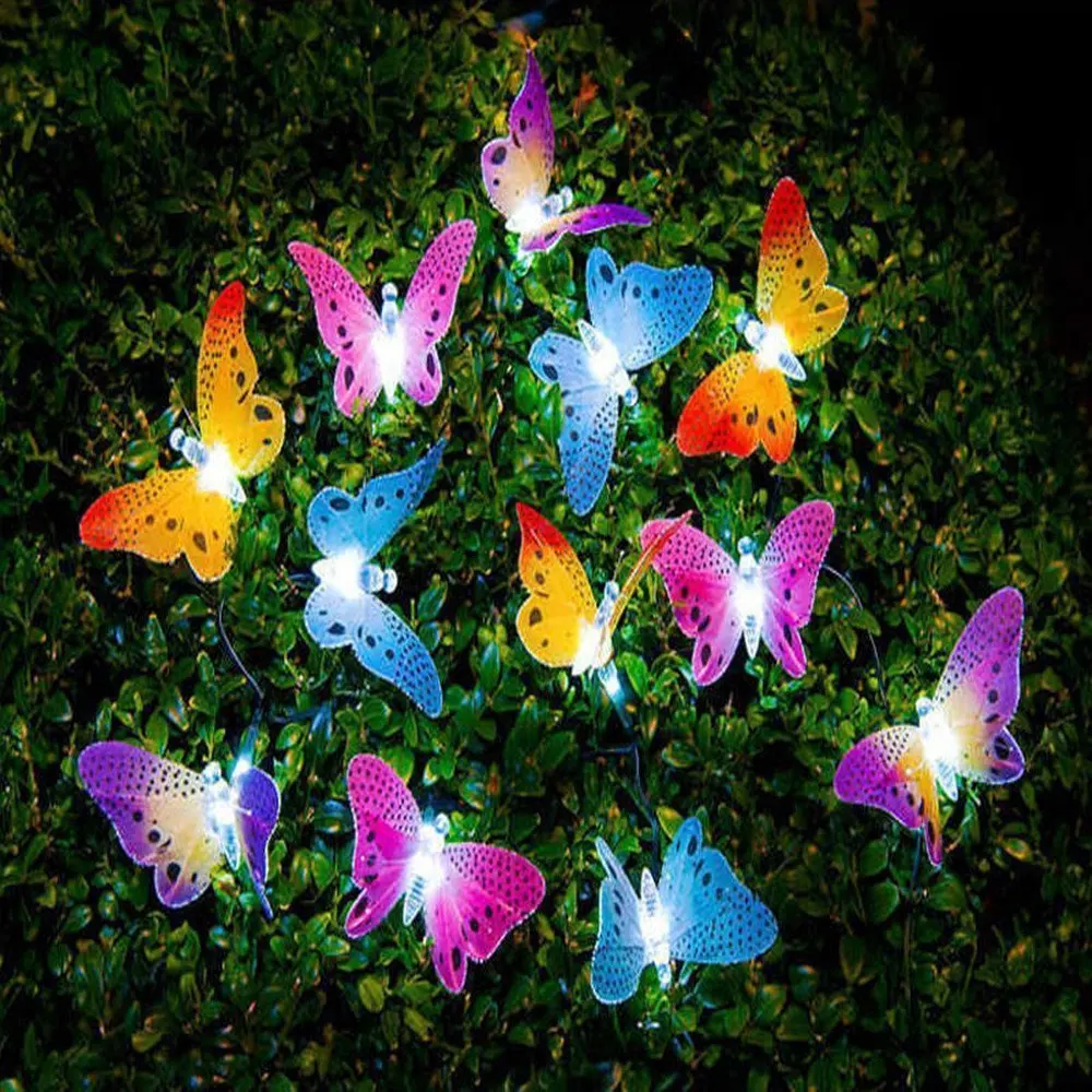 Billige 12 20 Led Solar Powered Schmetterling Fiber Optic Fee Lichterketten Wasserdicht Weihnachten Outdoor Garten Urlaub Dekoration Lichter