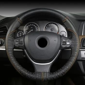 

New Arrival DIY Hand Sewing Genuine leather Steering Wheel Cover Soft Sew Embossing car steering wheel cover Size 38CM