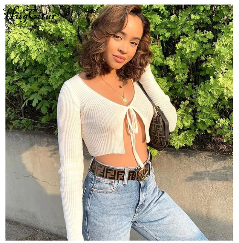 

Hugcitar cotton long sleeve bandage sexy crop tops 2019 autumn winter women streetwear T-shirts outfits