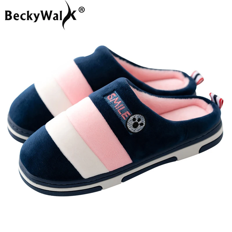 BeckyWalk женские зимние теплые меховые домашние тапочки мужские хлопковые для