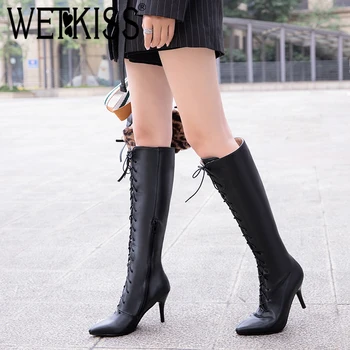 

WETKISS Cross-Tied Sexy Women Knee High Boots Pointed Toe Stiletto Heel Shoes Solid Zip Female Shoes New Fashion Long Boots Hot