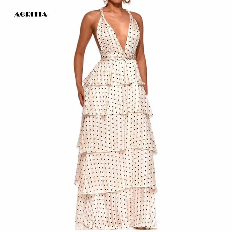 

2019 Women Summer Ruffle Dot Print Dress Deep-V neck Sexy Dresses Robe