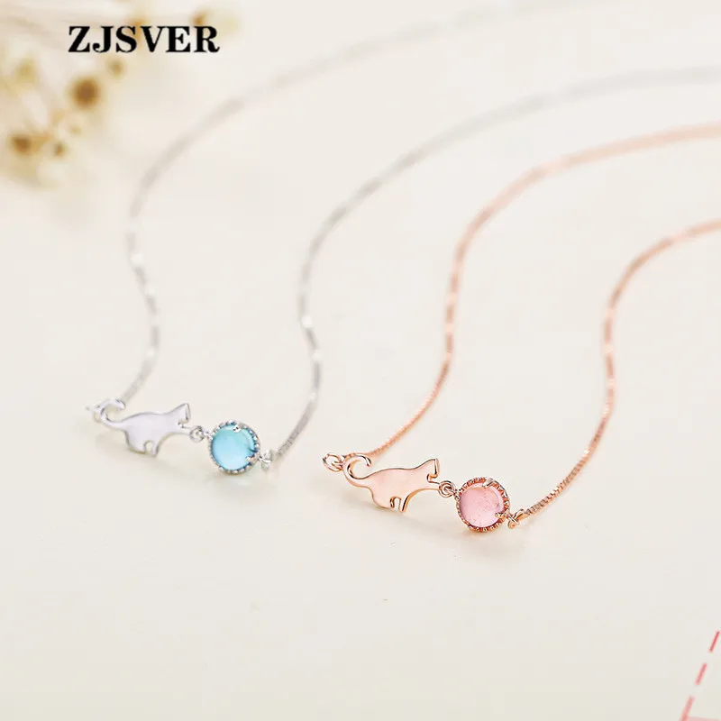 

ZJSVER Fine Jewelry 925 Sterling Silver Necklace Cat Shape Garnet Pendant Fashion Rose Gold/Silver Choker Chain Women Necklace
