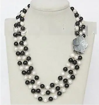 

Free Shipping>> new hot 17" 8mm 3row round white freshwater pearls black agate necklace j10324