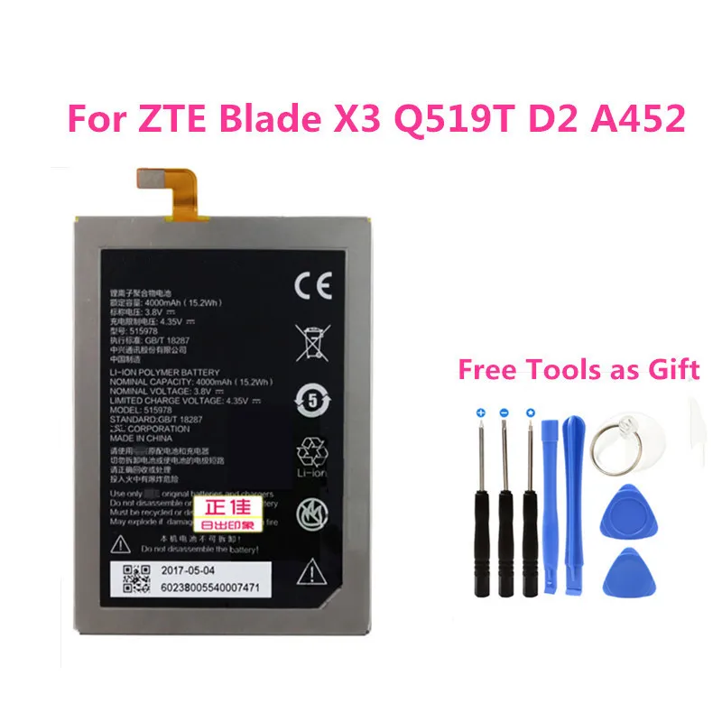 

E169-515978 Phone Replacement Built-in Battery 4000mah Batterij For ZTE Blade X3 Q519T D2 A452 s452 YuanHang 2 +Free Tools