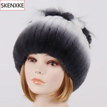 Хит, зимний женский Настоящий мех кролика, шапка, хорошая эластичность, вязанный Настоящий мех кролика, шапка для женщин, Теплые Натуральные шапки из меха кролика рекс