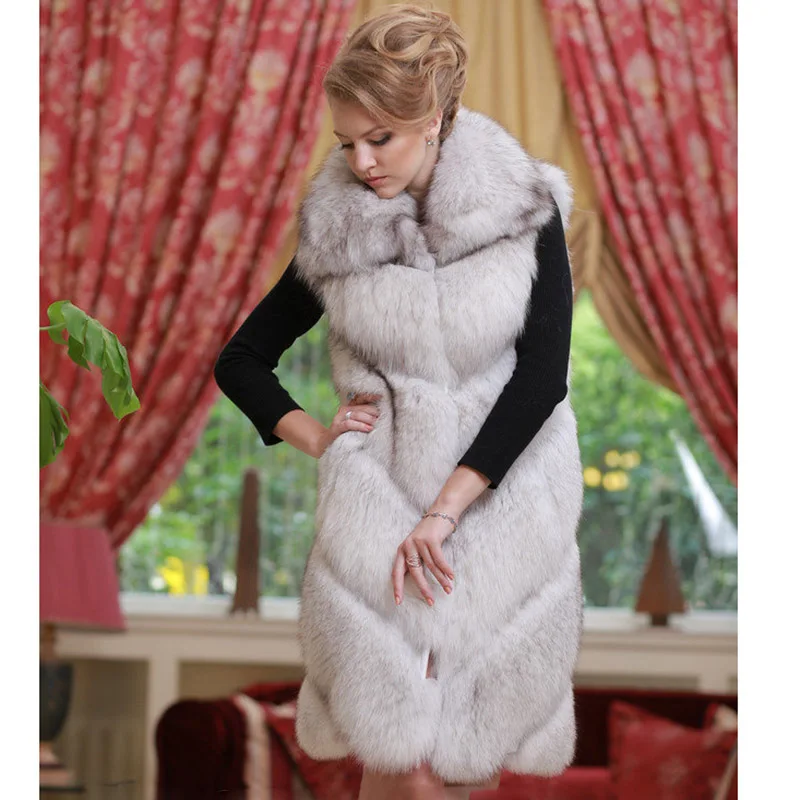 Robe Natural down Color Peau Femmes Naturelle Fursarcar Toute 100 Hiver Manches Est Parc Turn Col Gilet Chaud La Fourrure De Renard Avec Cm Épais Sans Szz5gqx