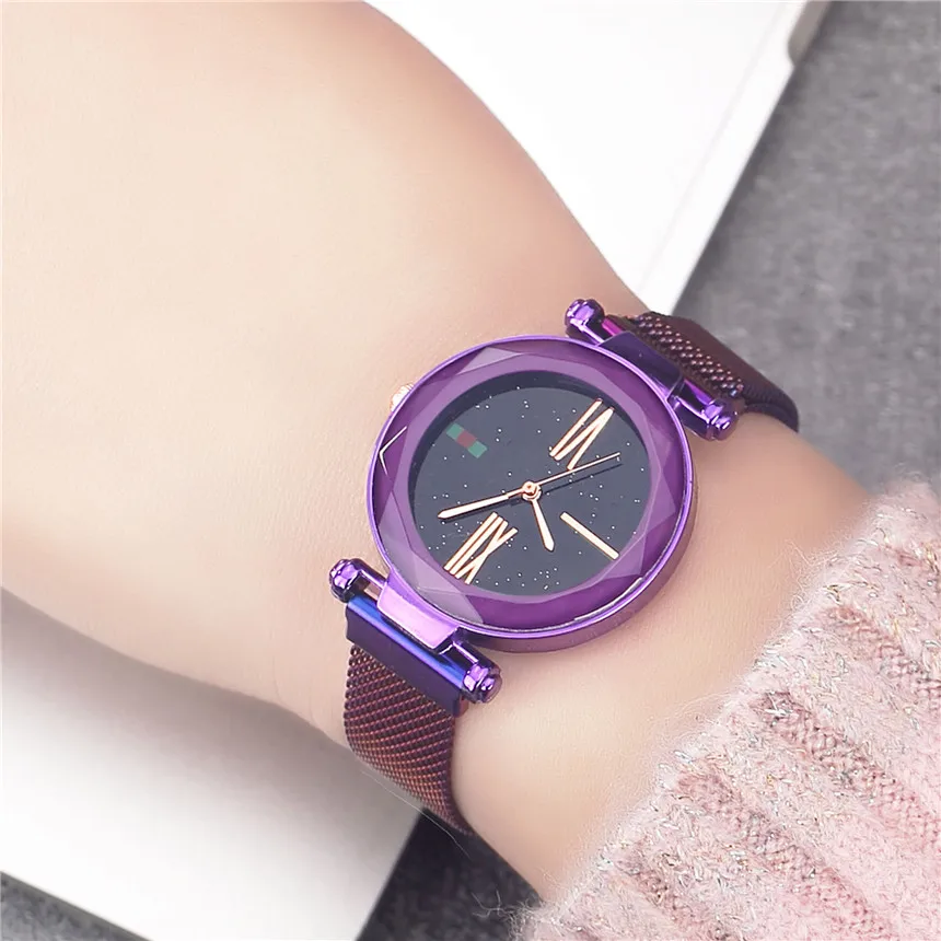 Женские повседневные часы, роскошные Фиолетовые женские часы, модные минималистичные магнитные часы звездного неба, водонепроницаемые наручные часы D30 - Цвет: F