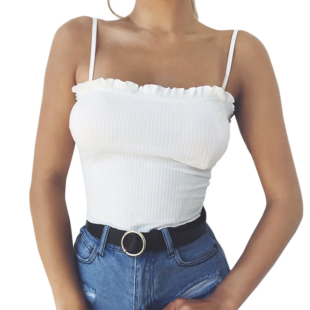 

Womens Cropped Camis solid white Ruffles Tank Top Vest Off Shoulder Spaghetti Straps 2019 Ladies Femininas Basic Tops Tees