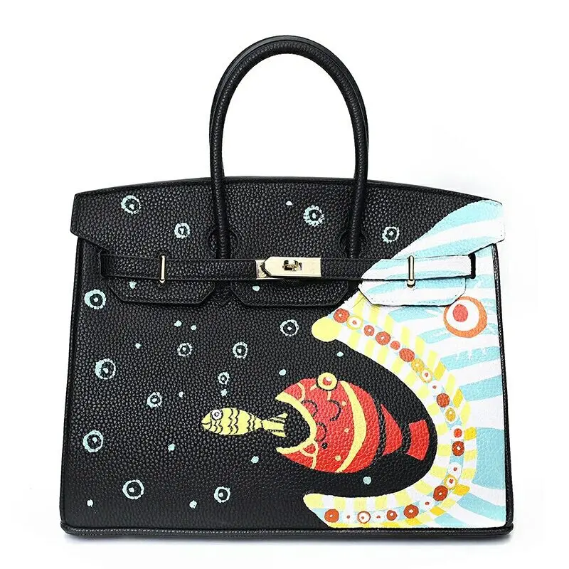 

Graffiti Custom Women Messenger Bags Hand Painted bags painting Fish Eat Fish totes 50CM gold hardware loverly Female bags